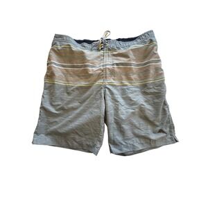 Tommy Bahama Mens XL Striped Swim Trunks Green Tan Board Shorts Polyester